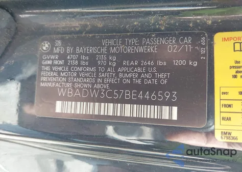 2011 BMW 328I из США, поврежденный, VIN WBADW3C57BE446593